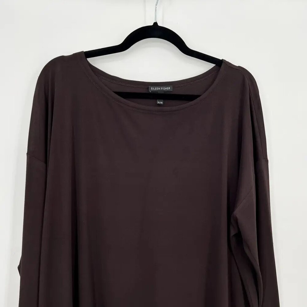 Eileen Fisher 100% Silk Sheer Hem Bateau Neck Tunic Top Brown XL - Picture 4 of 9